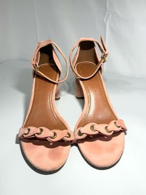 Coach Link Peony Pink Suede Block Heel Sandals Ankle Strap 6.5